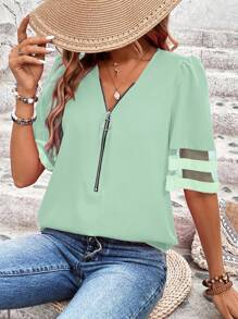Breezaya Women Casual Vacation Mesh Patchwork Puff Sleeve Blouse - Green - View 7