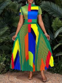 SHEIN Lady 夏季时尚彩色印花立领上衣和百褶裙套装 - 綠色 - 查看 7