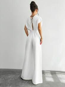 Firerie 女士夏季纯色深 V 领蝙蝠袖阔腿连体裤/白色亚麻服装/美国独立日服装/海滩度假服装/商务休闲女装/办公室/夏季服装/毕业服装/茶会聚会/优雅露背吊带/优雅露背吊带连体裤，端庄 - 白色 - 查看 3