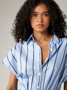 AiiRZ Vestido camisero corto de rayas casual con botones, nudo lateral, manga corta, cuello, para verano, primavera, vacaciones, playa, resort, de algodón