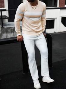 Manfinity Homme 男士条纹圆领长袖休闲套头衫 - 杏色 - 查看 5