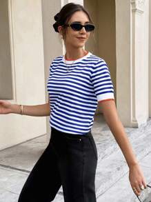 Serisse Striped Pattern Knit Top,Knitted Sweater Summer Casual - Blue and White - View 6