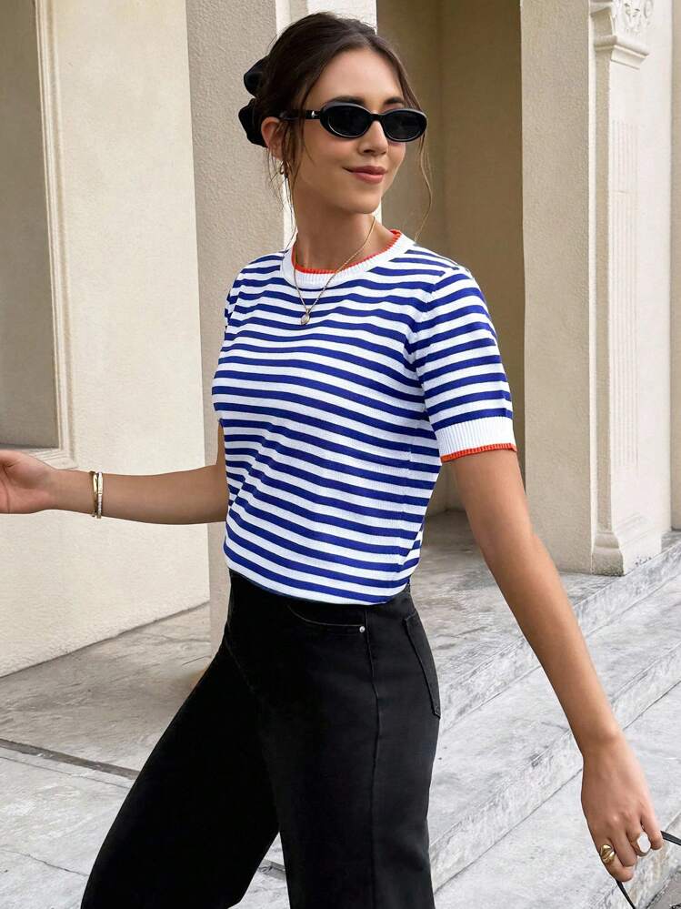 Serisse Tops de Punto A rayas Casual - Azul y blanco - Añade 6