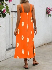 EMERY ROSE Summer Geo Print Split Hem Halter Dress Maxi Vacation Beach Outfits Women - Orange - View 2