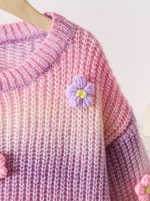 SHEIN Playful Pals Young Girl' Handmade Gradient Knitted Flower Sweater, Cute Casual Round Neck Lantern Sleeve Pullover Girls Knit Sweater Kids Sweaters For Girls Flower Sweater Girl Girls Jumper Ombre Sweater Kids Fall Winter - Multicolor - View 4