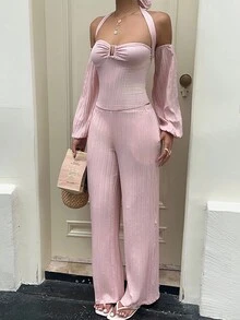 Sunnyshic 女士休闲度假针织露肩长袖上衣和阔腿裤两件套，秋冬 - 彩色 - 查看 3