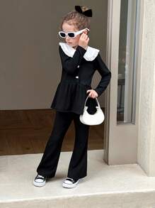 Young Girls T-Shirt Co-Ords Girls Black Two-Piece Set With White Ruffle Collar And Pearl Buttons, Elegant Preppy Long Sleeve Top And Pants Outfit - Pink - View 6