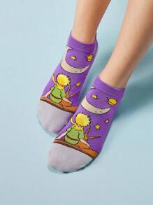 LE PETIT PRINCE X SHEIN 4 双柔软透气吸湿排汗休闲女士短袜时尚可爱卡通图案短袜加固脚趾和脚跟，适合所有季节，百搭，月亮和星星