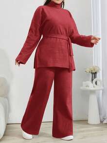 EURMUSE Solid Color Turtleneck Casual Sweater 2pcs/Set - Burgundy - View 4