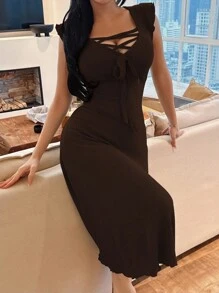 SHEIN 纯色盖袖V领系带装饰修身女式睡袍 - 咖啡棕 - 查看 5