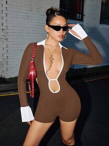 SHEIN ICON Damen Kontrastfarben Polokragen Spaltshirt, Langarm Rückenfreier Romper mit Bindedetail