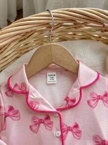 Baby Girls Sweet And Simple Bow Pattern Lapel Buttoned Ruffles Decoration Long Sleeves And Long Pants Comfortable Skin-Friendly Knitted Pajamas Set Two Pieces - Baby Pink - View 9
