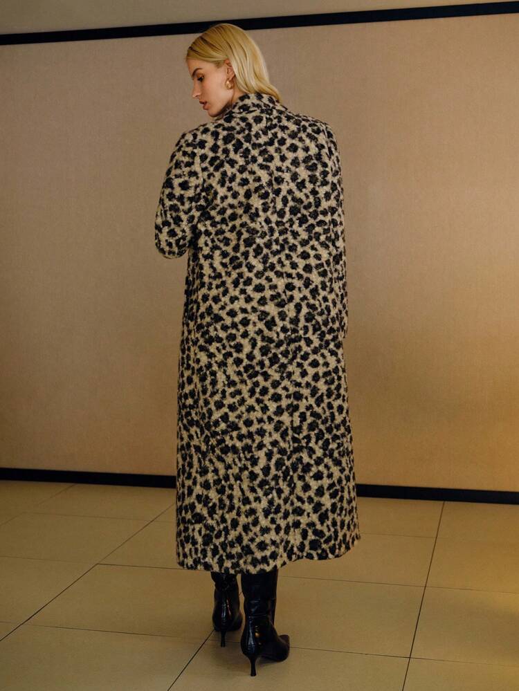 FUZZY LEOPARD PATTERN LAPEL COLLAR DOUBLE BREASTED PLACKET OVERCOAT