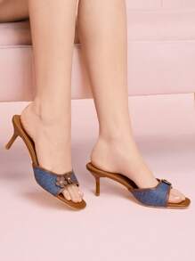 CUCCOO DOLLMOD Giày sandal đế vuông họa tiết hoa khối màu xanh và nâu dành cho nữ, thời trang và thoải mái - Màu xanh lam - Xem 4