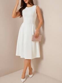 Amorya Women Round Neck Sleeveless Dress With Split Hem And Structural Design,White Graduation Dress Business Casual Woman Night Out Teacher Outfits For Women Church Outfits Women