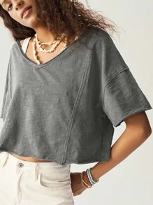 Bohemela Women's Casual Solid Color V-Neck Short Sleeve Loose T-Shirt Grey Crop Top Oversized Crop Top Baggy Crop Top Oversized Cropped T Shirt