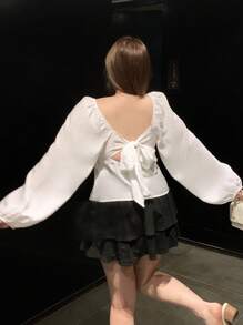 Dazy Plus Áo kiểu nữ cỡ lớn màu trơn, cổ bẻ, tay phồng, lưng hở, nơ, tay dài, màu trắng, thích hợp cho kỳ nghỉ. - trắng - Xem 8