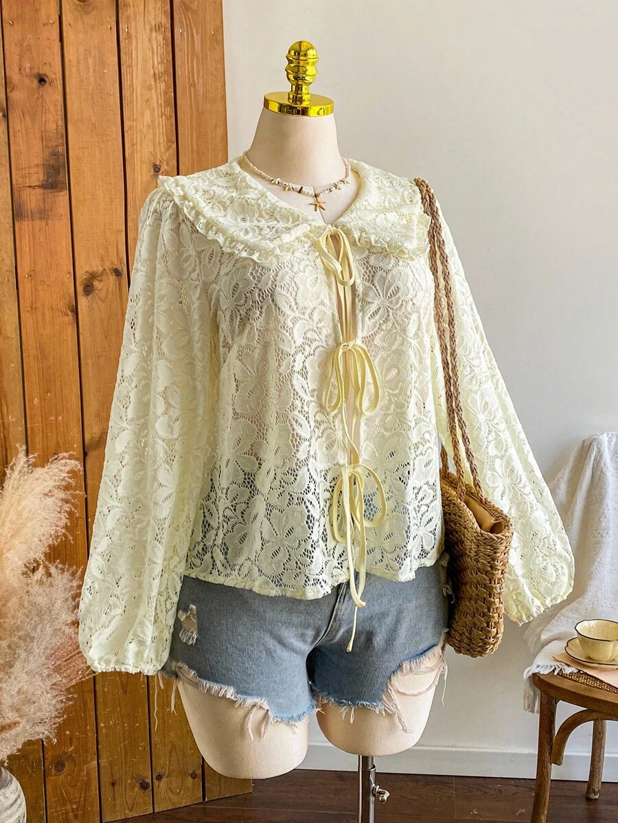 Comfortcana Áo cánh tay dài cổ ren mỏng cỡ lớn, màu vàng nhạt, nhẹ nhàng cho mùa thu - Màu vàng - Xem 1