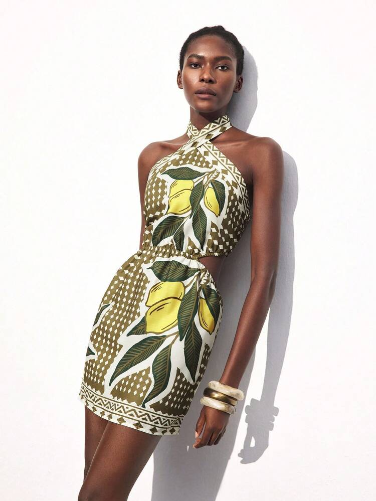 SHEIN Maija Women's Bohemian Multi-Color Print Vacation Criss-Cross Halter Mini Dress, Comfortable Casual Beachwear, Hollow Out Design Flattering Silhouette, Suitable For Music Festivals, Beach, Autumn/Winter Floral Dress New Year Dress