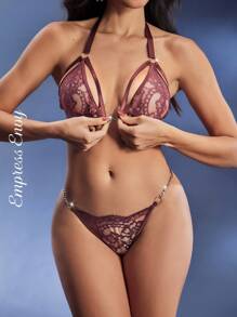Coffee Brown Lace Halter Lingerie Set With Sheer Details And Ring, Accents Intimate Lace Lingerie Set, Going Out - Coffee Brown - View 2