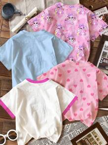 4 件可爱卡通蓝色兔子露露，针迹图案，扎染天蓝色，年轻女孩休闲简约圆领短袖基本款 T 恤，适合春夏季，度假氛围，阳光之旅，休闲春季，夏季度假，可爱的 Y2K 椰子女孩波西米亚假期春假早午餐准备淡蓝色女孩之旅，霓虹海滩氛围，波西米亚嬉皮音乐节，回到学校，2000 年代风格 - 彩色 - 查看 2