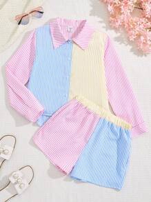 SHEIN Bộ 2 món cho bé gái tuổi teen, áo polo cổ bẻ tay dài kẻ sọc phối nơ và quần short kẻ sọc phối đồ, thích hợp mặc đi học, đại học hoặc mùa thu đông. - Hồng - Xem 3