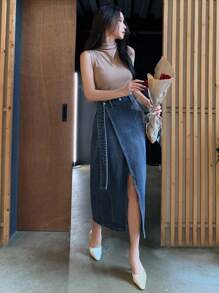 DAZY 女士夏季开衩腰部设计性感休闲牛仔裙 - 中等水洗藍 - 查看 7