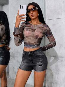 SHEIN Unity 夏季休闲洗水做旧修身牛仔短裤 - 深灰色 - 查看 6