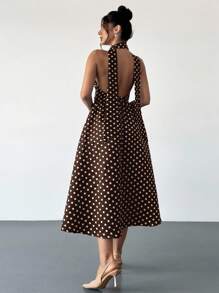 Firerie 女式复古波尔卡圆点 V 领露背喇叭腰中长连衣裙，适合情人节、音乐会、表演、约会、派对、婚礼、性感、优雅、通勤、返校、度假、海滩、浪漫 - 棕色 - 查看 6