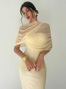 Firerie 优雅浪漫纯黄色荷叶边领口不对称褶皱腰身修身长裙，适合海滩、机场、度假、工作