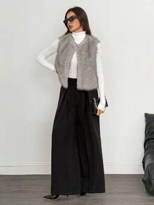 SHEIN Tall Women's Solid Color Open Front Fluffy Vest Jacket For Winter Fur Vest