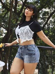 SHEIN MOD Plus Size Women's Cargo Pocket Casual Versatile Denim Shorts,Y2k Shorts,Y2k Clothes,Grunge Denim Shorts,Streetwears,Low Rise Shorts,4 Of Julys Women,2000s Style,Gyarus,Airport