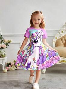 Elladie kids Đầm thời trang thường ngày cổ tròn họa tiết kỳ lân hoạt hình dễ thương cho bé gái, ôm sát eo, thích hợp cho tiệc tùng ngày lễ, kỳ nghỉ, mùa hè - Màu tím - Xem 1