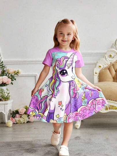 Girls' Round Neck Cartoon Unicorn Cute Graphic Print Waist Fitted Casual Fashion Dress, Suitable For Holiday Party, Vacation, Summer Unicorn Dress For Girls Girls Unicorn Dress Little Girl Unicorn Dress Purple Unicorn Dress For Girls Kids Unicorn Dress Girls Short Sleeve Dress