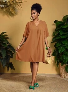 Slaydiva 新款优雅休闲/商务休闲女式短袖雪纺V领宽松荷叶袖连衣裙，秋季女装 - 棕色 - 查看 5