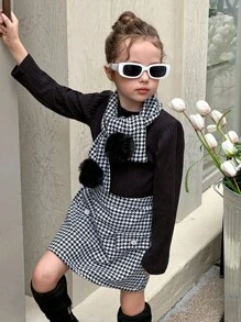 2pcs Young Girls Houndstooth Skirt & Stand Collar Knit T-Shirt Set, Fashion Outfit For Winter - Black - View 3