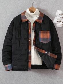 1pc Boys' Loose Fit Padded Plaid Patchwork Casual College Style Padded Coat, Autumn/Winter Fall - Black - View 1