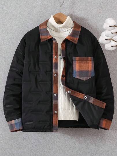 1pc Boys' Loose Fit Padded Plaid Patchwork Casual College Style Padded Coat, Autumn/Winter Fall