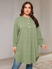 Veilorie Áo sơ mi vải họa tiết cổ tròn dài tay thường ngày cỡ lớn cho nữ, mùa hè - màu xanh lá - Xem 3