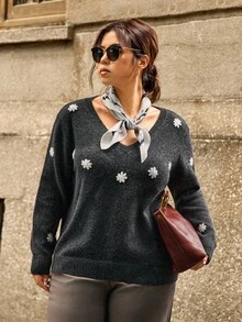 Calvaya Modischer, lässiger, eleganter, bestickter Pullover in Große Größen, grauer Damen-Pullover, Pullover für Frauen, Pullover für Frauen, Gänseblumen-Pullover