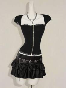 SHEIN ICON Y2k Summer Going Out Burgundy Goth Women's Casual Zipper Crew Neck T-Shirt, Minimalist & Fashionable, Suitable For Summer - Black - View 5