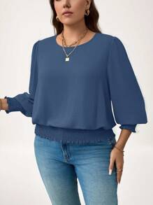 SHEIN LUNE Áo cánh tay đèn lồng màu trơn cỡ lớn, thường ngày, áo xanh dương ngày lễ năm mới - Màu xanh bụi bặm - Xem 3