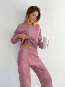 SHEIN Cottnline Cotton Women Solid Color Ribbed Tee & Pants ,Petite Women - Hot Pink - View 3