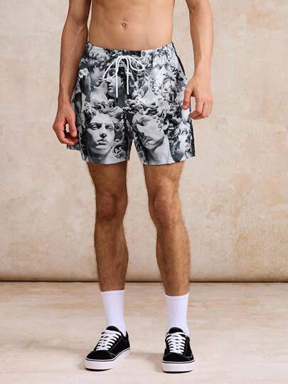 Surfspeed Classical Sculpture Marble Texture Art Mask Print Casual Beach Shorts