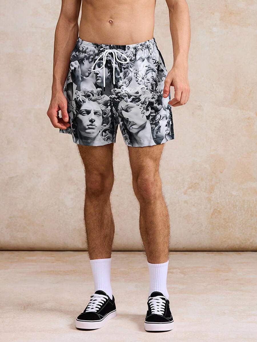 Surfspeed Classical Sculpture Marble Texture Art Mask Print Casual Beach Shorts - Grey - View 1