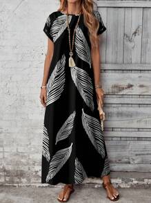 EMERY ROSE 大码黑色树叶剪影印花休闲连衣裙 - 黑色 - 查看 1