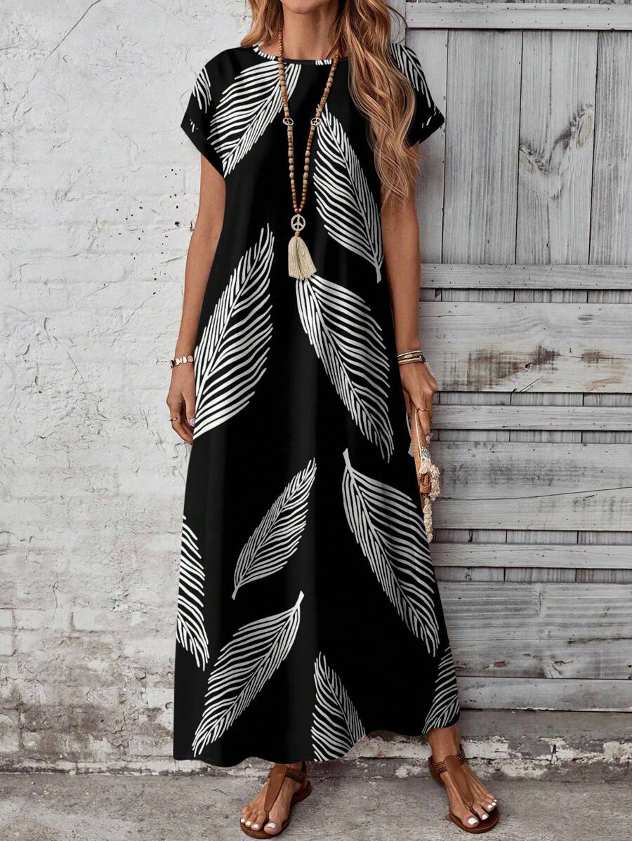 EMERY ROSE 大码黑色树叶剪影印花休闲连衣裙 - 黑色 - 查看 1