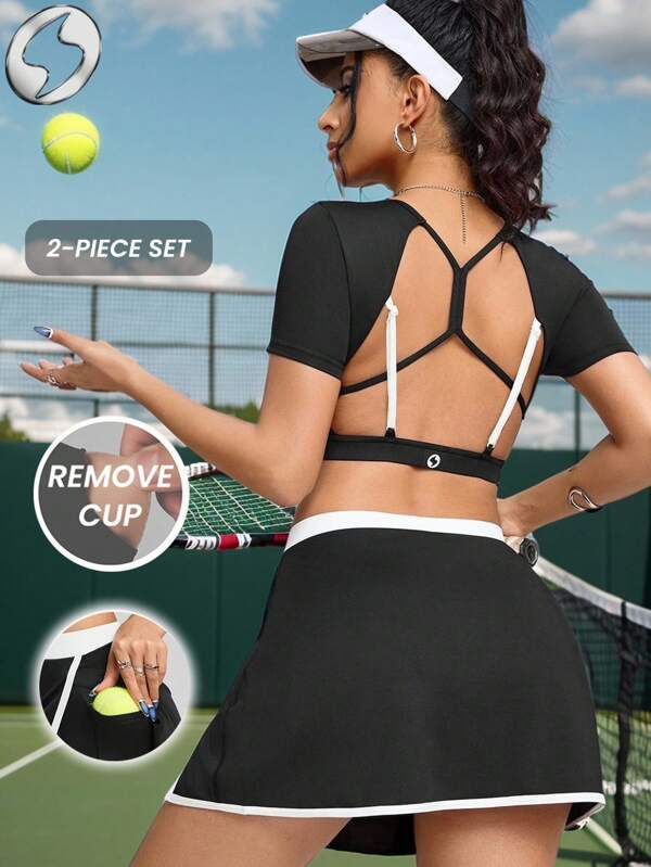 Innovista Conjunto deportivo de tenis para mujer, top corto tipo camiseta activa y falda pantalón, estilo atlético con bolsillo incorporado. Conjunto de dos piezas de ropa deportiva versátil para usar del trabajo al gimnasio, de la brunch a la cancha de tenis. Traje elástico y transpirable para ejercicio, running, bicicleta, HIIT, entrenamiento, golf, ciclismo, crossfit al aire libre.