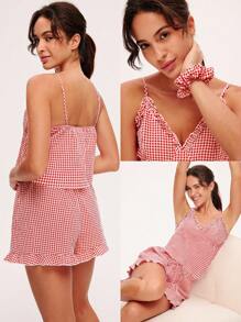 LUVLETTE 夏季女士红色格子图案纯棉V领吊带背心可爱睡衣上装和短裤套装，透气性感可爱睡衣套装，荷叶边长裤带口袋，内衣外穿舒适居家必备，平衡百搭，也适合青少年女孩、年轻女孩和儿童。 - 紅色 - 查看 3