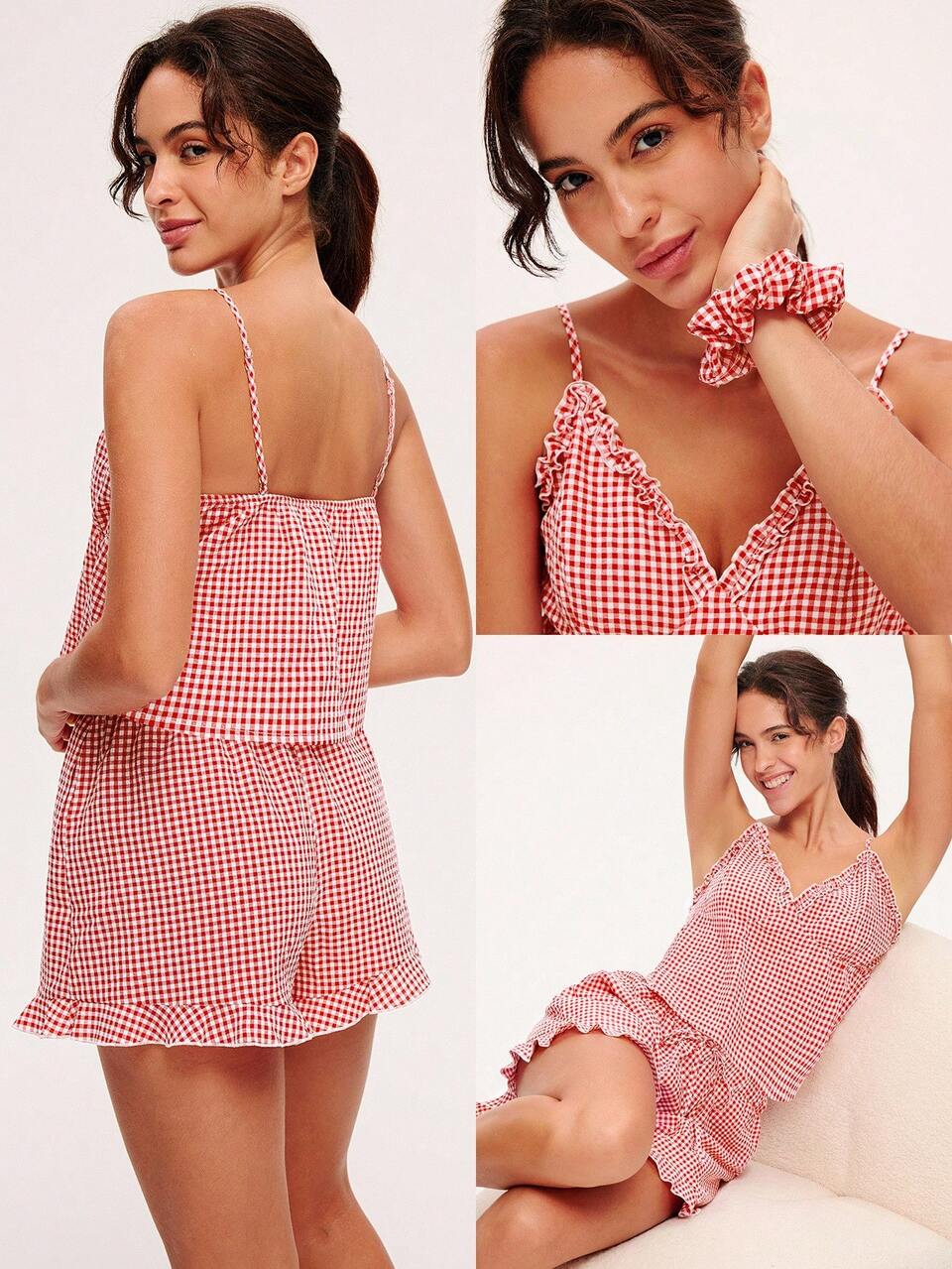 Women Red Plaid Patterned Cotton V-Neck Camisole Top & Shorts Airy Ruffled Pajama Set